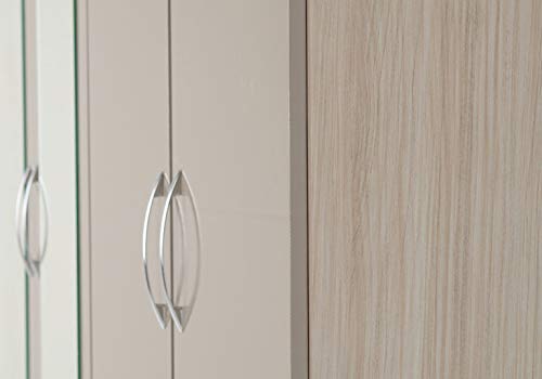 A T Seconique Bedroom Wardrobes - Nevada 4 Door 2 Drawer Mirrored Wardrobe with 2 Hanging Rails and A Shelve in Oyster Gloss/Light Oak Effect Veneer.