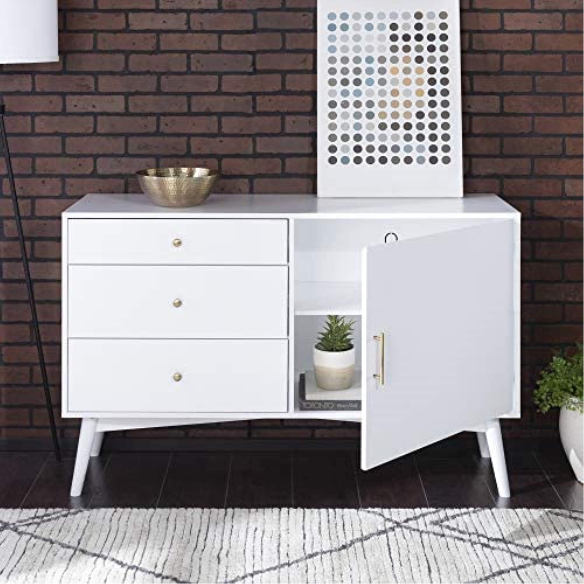 Walker Edison WE Furniture Mid-Century TV Stand, 3 Drawer Storage Cabinet Hall Table Furniture, White