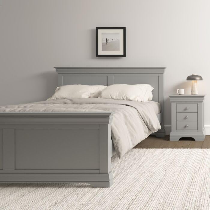 Furniture 321 Bordeaux Double Bed Frame with High Foot End, Pebble Grey Matt Painted Hardwood, 4ft 6in, W152 x D208 x H105cm, 13 Pine Slats Included, 300kg Weight Capacity