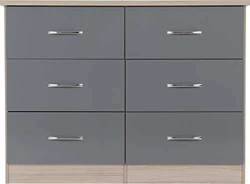 A T Seconique Nevada 6 Drawer Wide Chest in Grey Gloss/Light Oak Effect Veneer