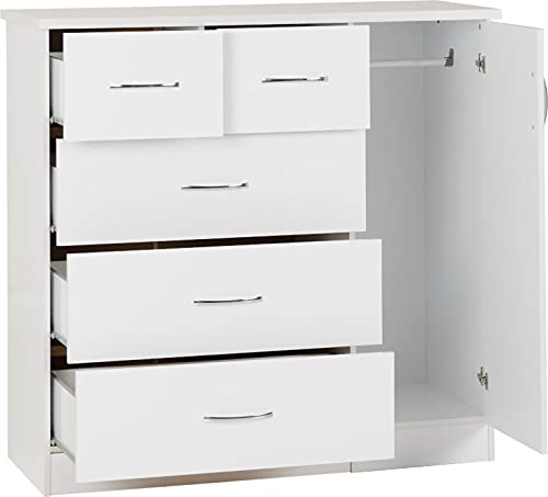 A T Seconique Nevada 5 Drawer 1 Door Low Wardrobe with Hanging Rail and Metal Handles in White Gloss