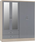 Furniture 321 Nevada 4 Door 2 Drawer Mirrored Wardrobe Grey Gloss, Light Oak Effect (No Delivery To Flats)