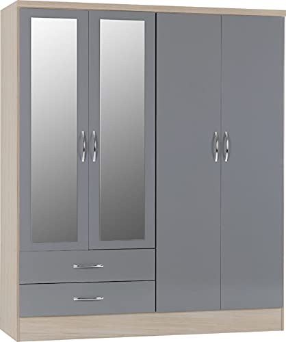 Furniture 321 Nevada 4 Door 2 Drawer Mirrored Wardrobe Grey Gloss, Light Oak Effect (No Delivery To Flats)