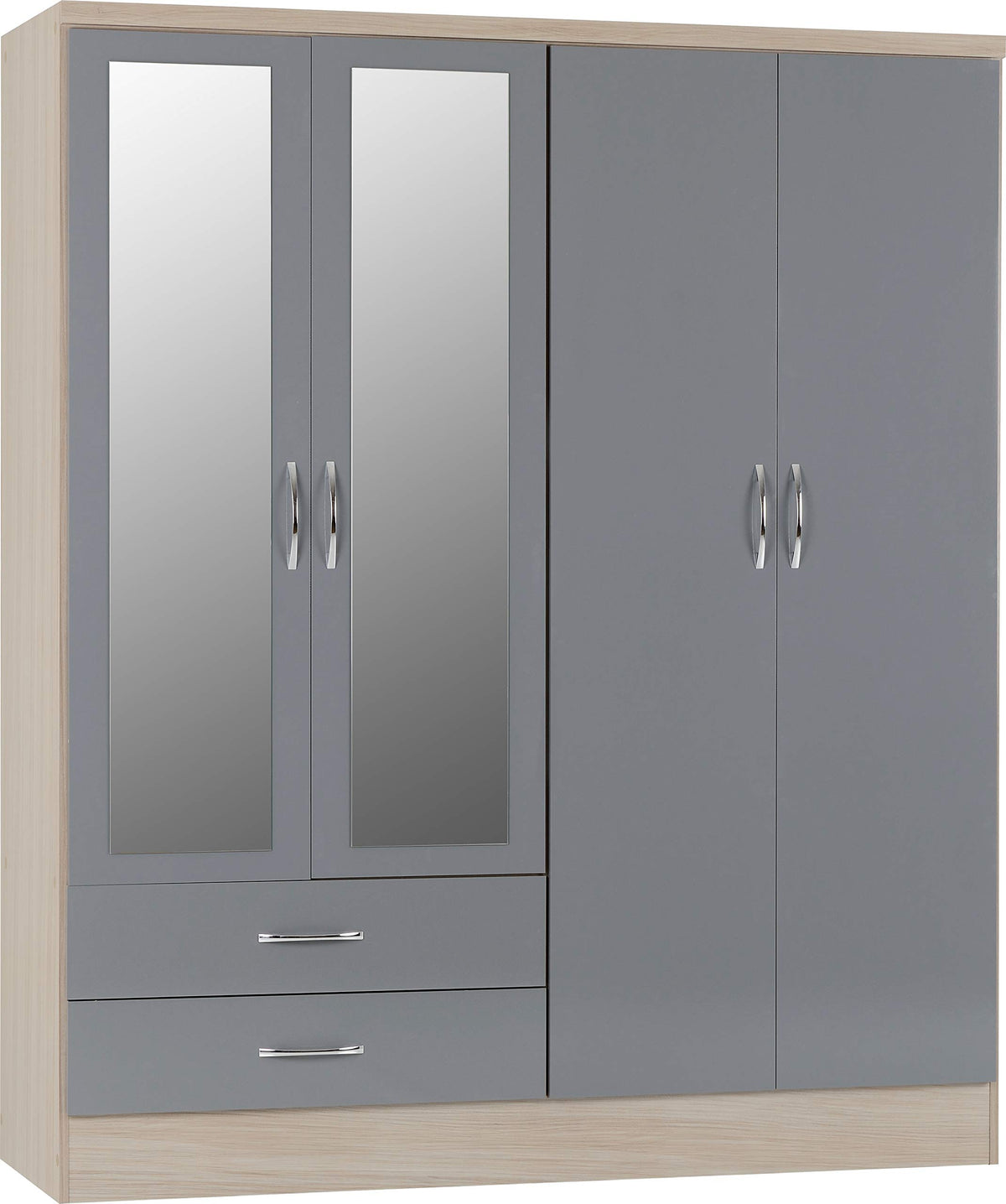Seconique Nevada 4 Door 2 Drawer Mirrored Wardrobe in 3D Effect Grey