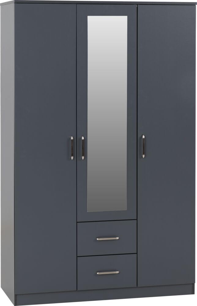 Furniture 321 Dakota 3 Door 2 Drawer Mirrored Wardrobe with Hanging Rail | Dark Grey & White | Bedroom Storage