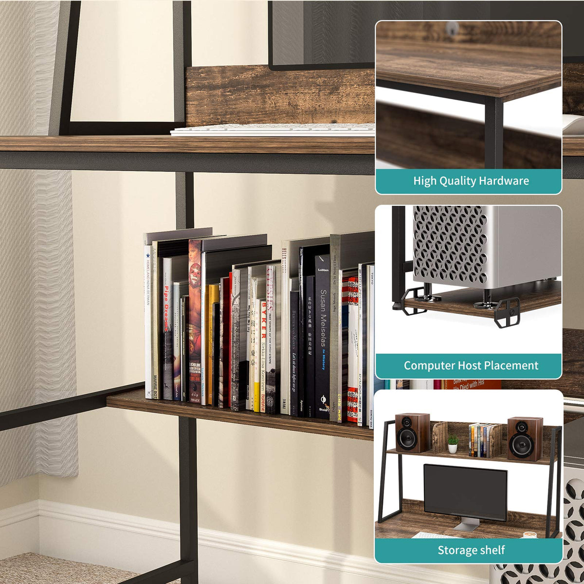 Mecor Computer Desk Study Writing Table for Home Office ，Modern Writing Study Desk with Storage Bookshelf and CPU Stand for Small Spaces, PC Laptop Table Workstation for Home Office