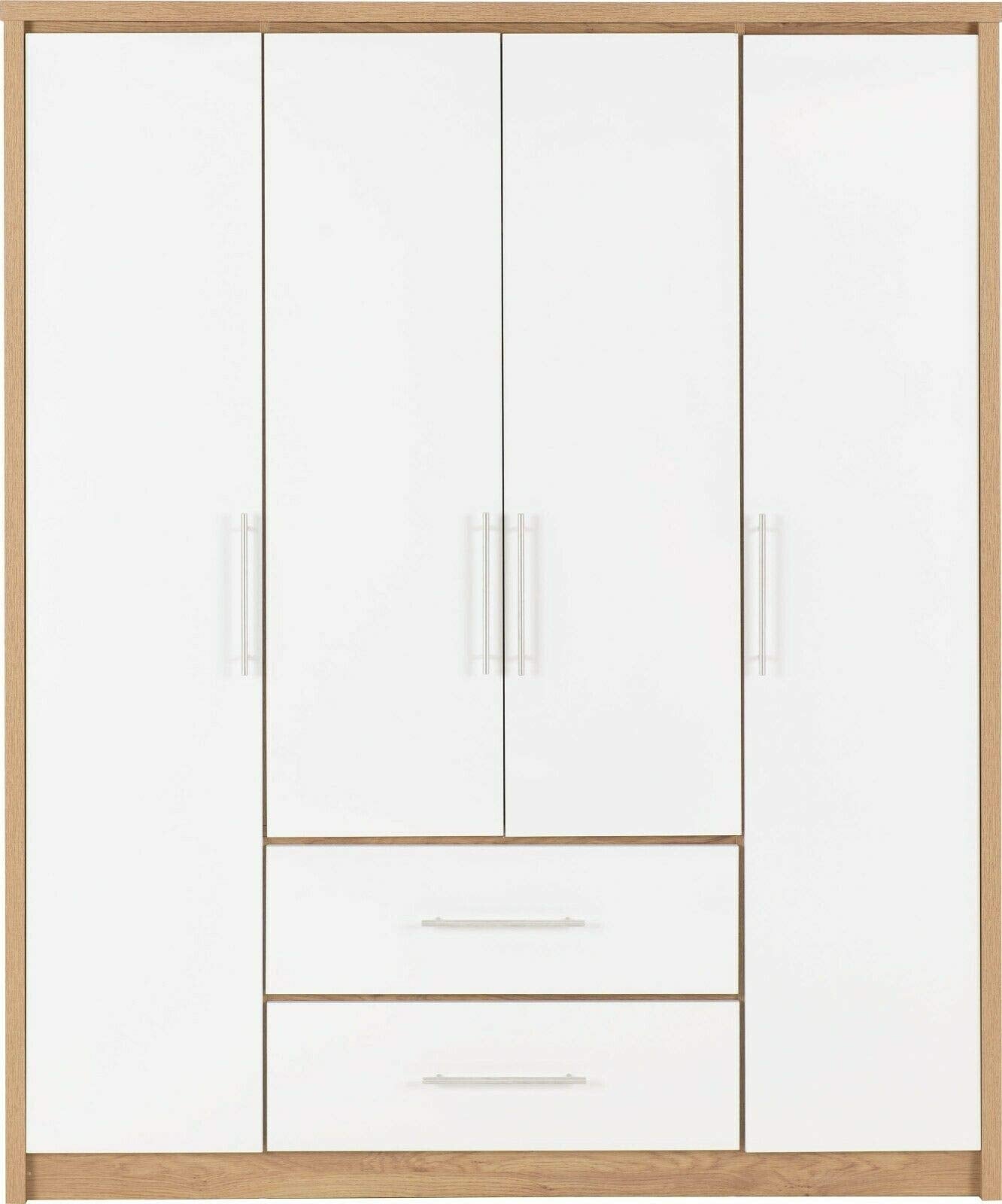 Furniture 321 Seville 4 Door 2 Drawer Wardrobe White High Gloss, Light Oak Effect Veneer (No Delivery To Flats)