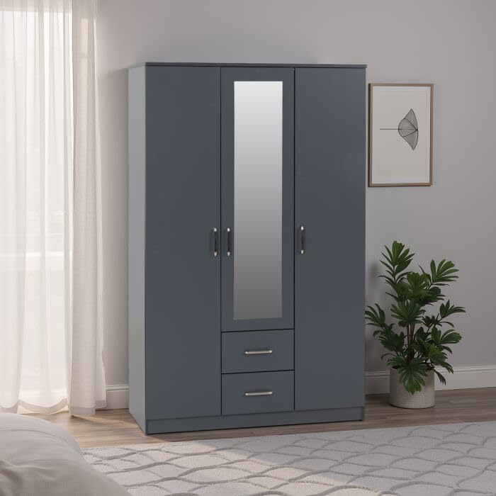 Furniture 321 Dakota 3 Door 2 Drawer Mirrored Wardrobe with Hanging Rail | Dark Grey & White | Bedroom Storage