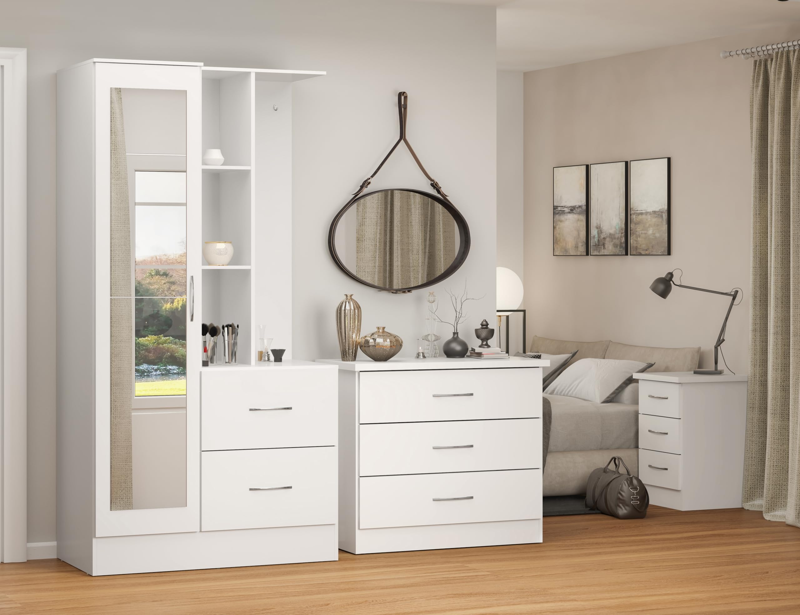Seconique Nevada Mirrored Open Shelf Wardrobe in White Gloss