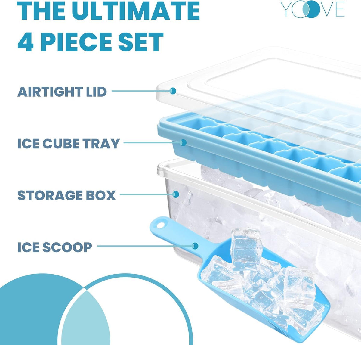 Yoove Ice Cube Mould with Lid and Storage Container, Silicone Ice Cube Tray with Lid, Container and Ice Scoop, Large Ice Containers for Freezer with Easy Unlock, Perfect Ice Moulds