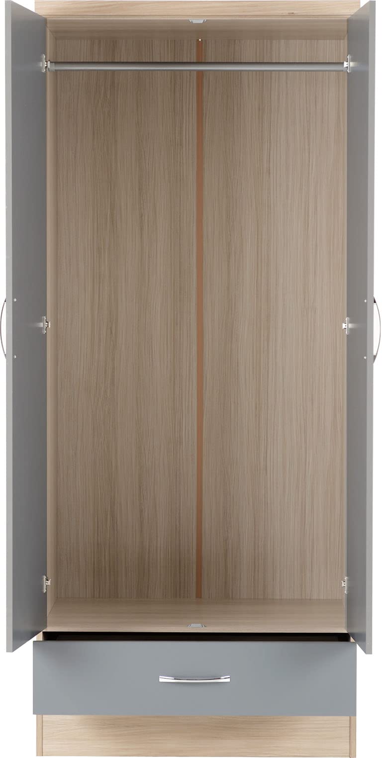 A T Seconique Bedroom Wardrobes - Nevada 2 Door 1 Drawer Double Wardrobe with hanging rail in Grey Gloss/Light Oak Effect Veneer