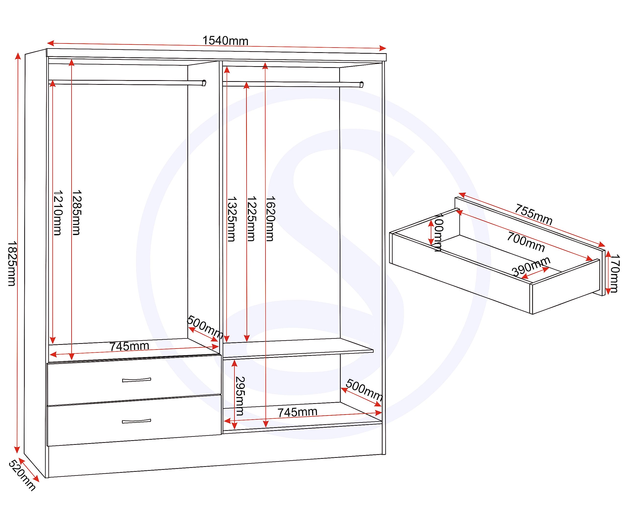 Seconique Nevada 4 Door 2 Drawer Mirrored Wardrobe in 3D Effect Grey