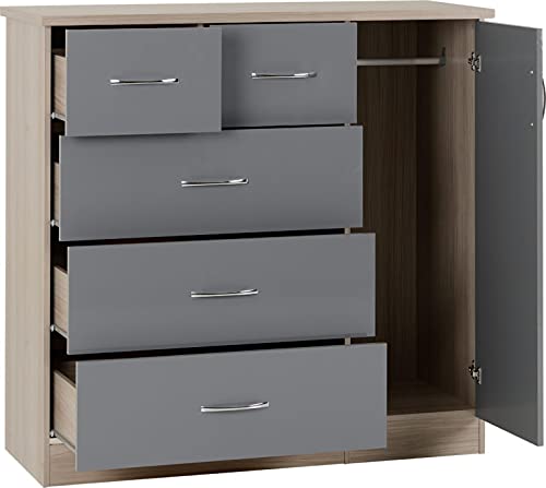 A T Seconique Nevada 5 Drawer Hanging Rail Low Wardrobe in Grey Gloss/Light Oak Effect Veneer
