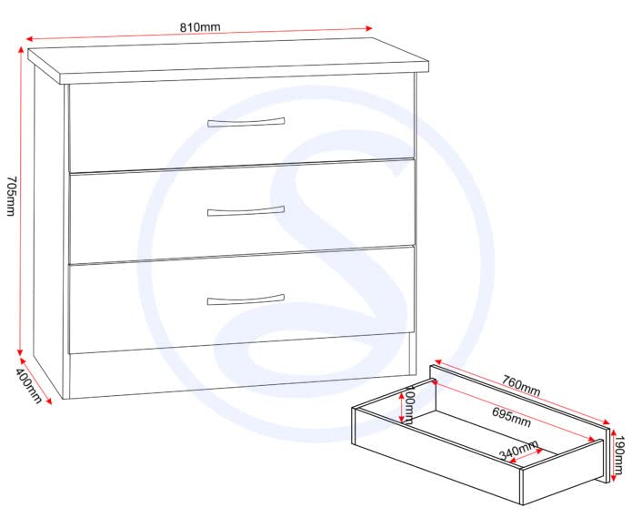 Kelsey Stores Nevada Chest Of Drawers 3 Drawer Storage Cabinet Chest With Metal Handles