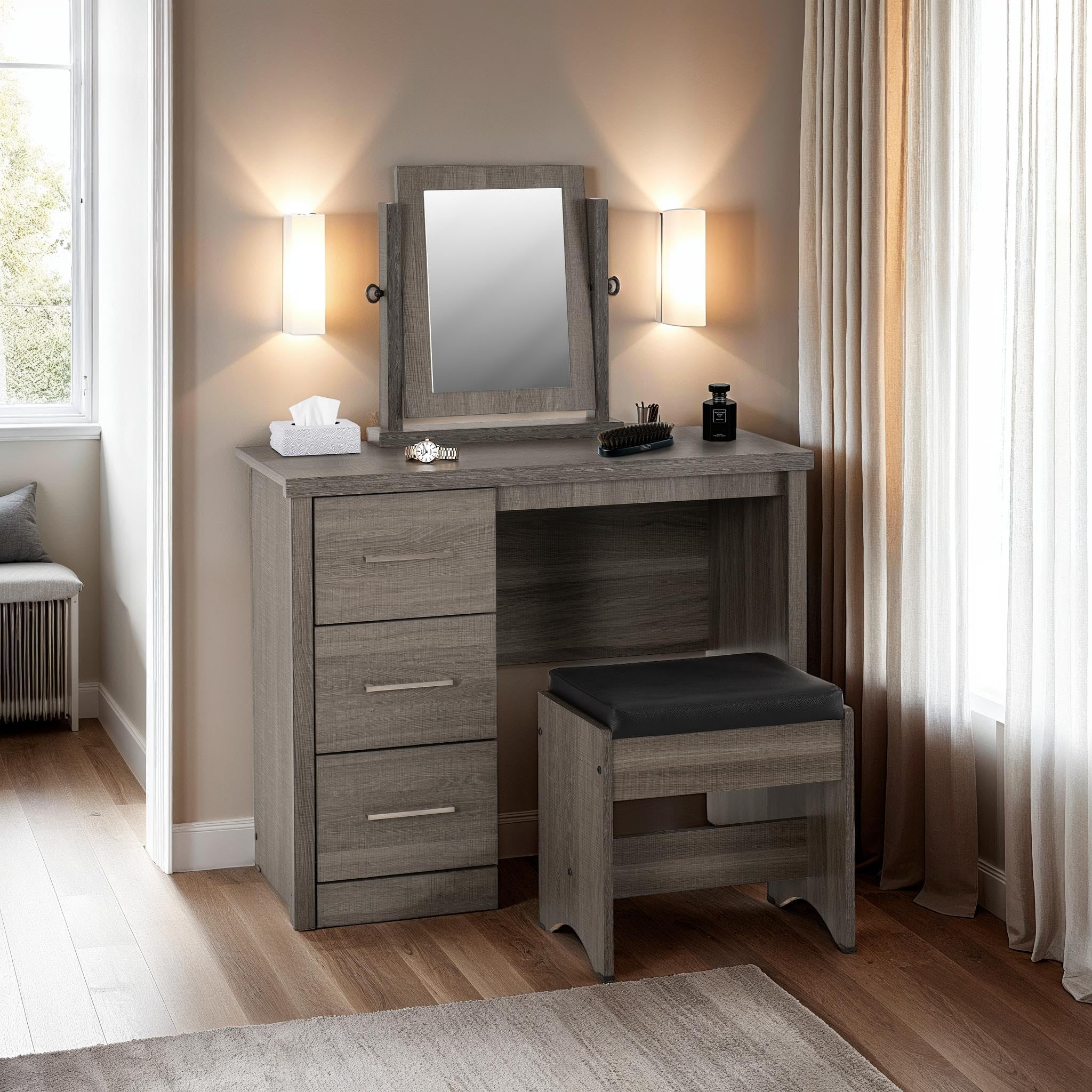 Seconique Lisbon 3Pc Dressing Table Set (With Mirror) in Black Wood Grain/Black Pu