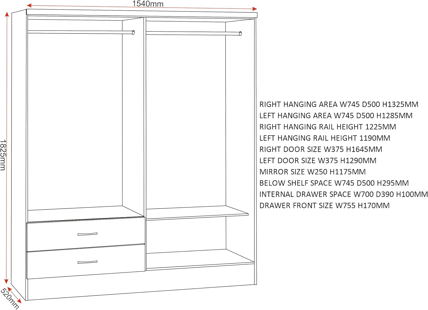 Furniture 321-4 Door 2 Drawer Mirrored Wardrobe White Gloss (No Delivery To Flats)