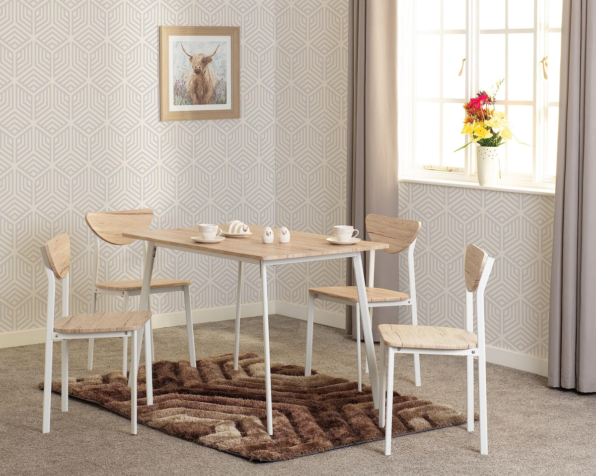 Seconique Riley Large Dining Set with 4 Dining Chairs in White/Light Oak Effect Veneer