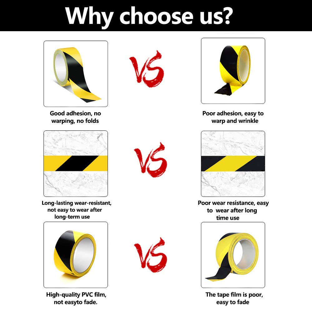2 Rolls Caution Tape Black and Yellow, Strong Self Adhesive Floor Marking Caution Tape, Safety Social Distancing Barrier Tape, 48mmx33m