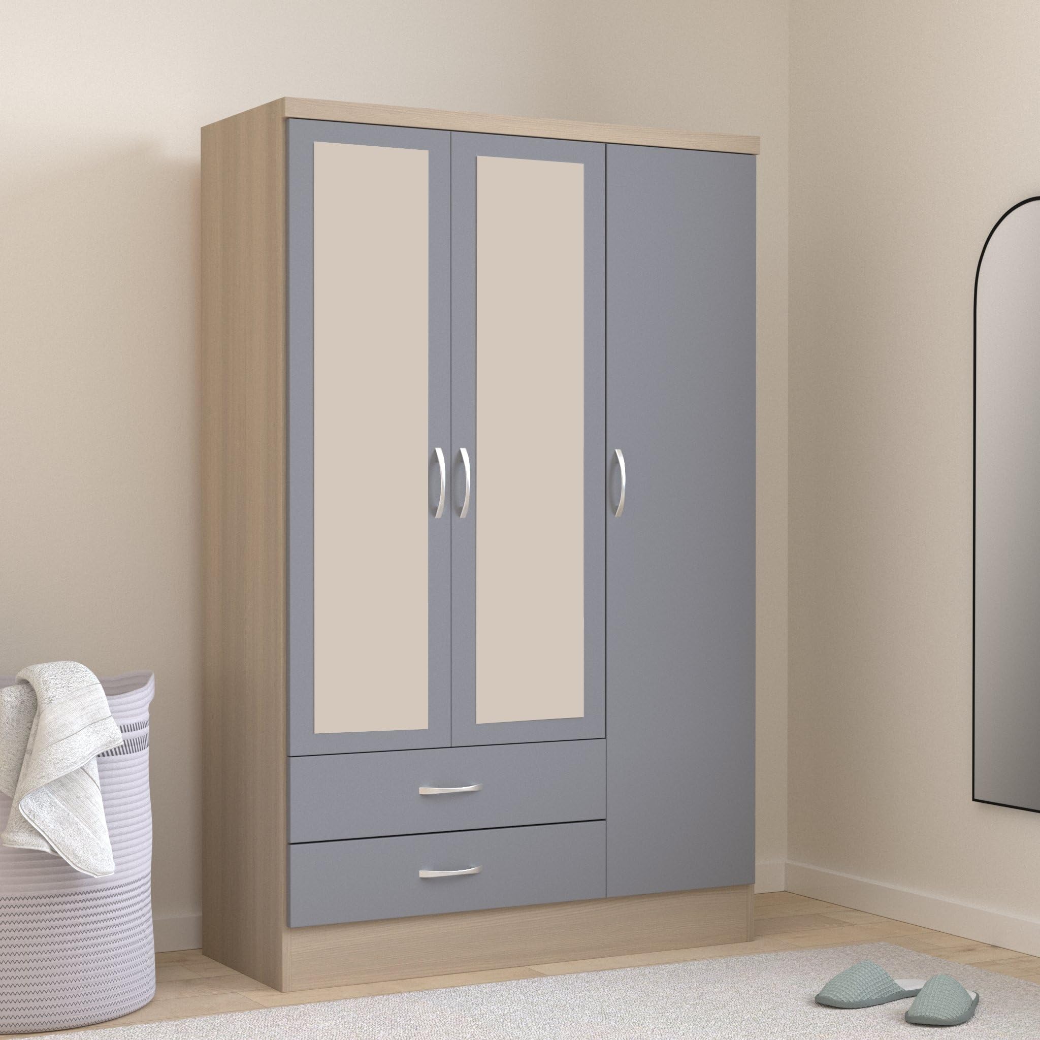 Furniture 321 Nevada 3 Door 2 Drawer Mirrored Wardrobe Grey Gloss, Light Oak Effect Veneer (No Delivery To Flats)