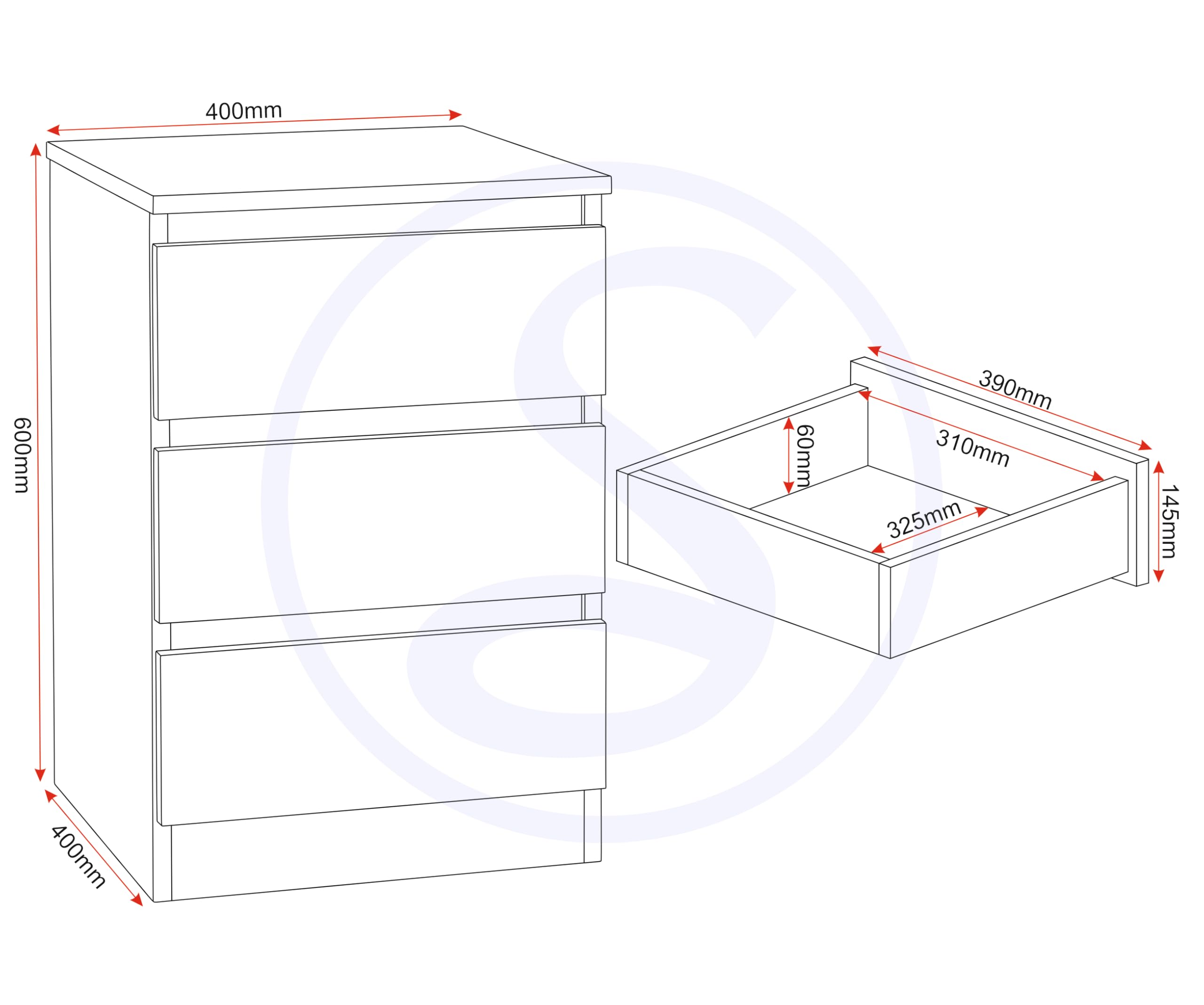 Seconique Malvern 3 Drawer Bedside X2 in Black