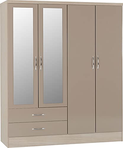 Furniture 321 Nevada 4 Door 2 Drawer Mirrored Wardrobe Oyster Gloss/Light Oak Effect (No Delivery To Flats)