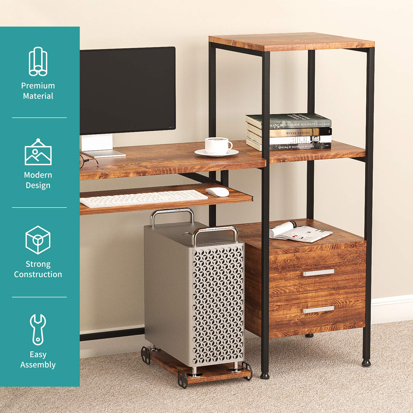mecor Study Writing Computer Desk 55" with Drawers/Keyboard Tray/Storage Shelves, Modern Simple Style PC Desk Laptop Study Table Workstation for Home Office (Walnut Brown)