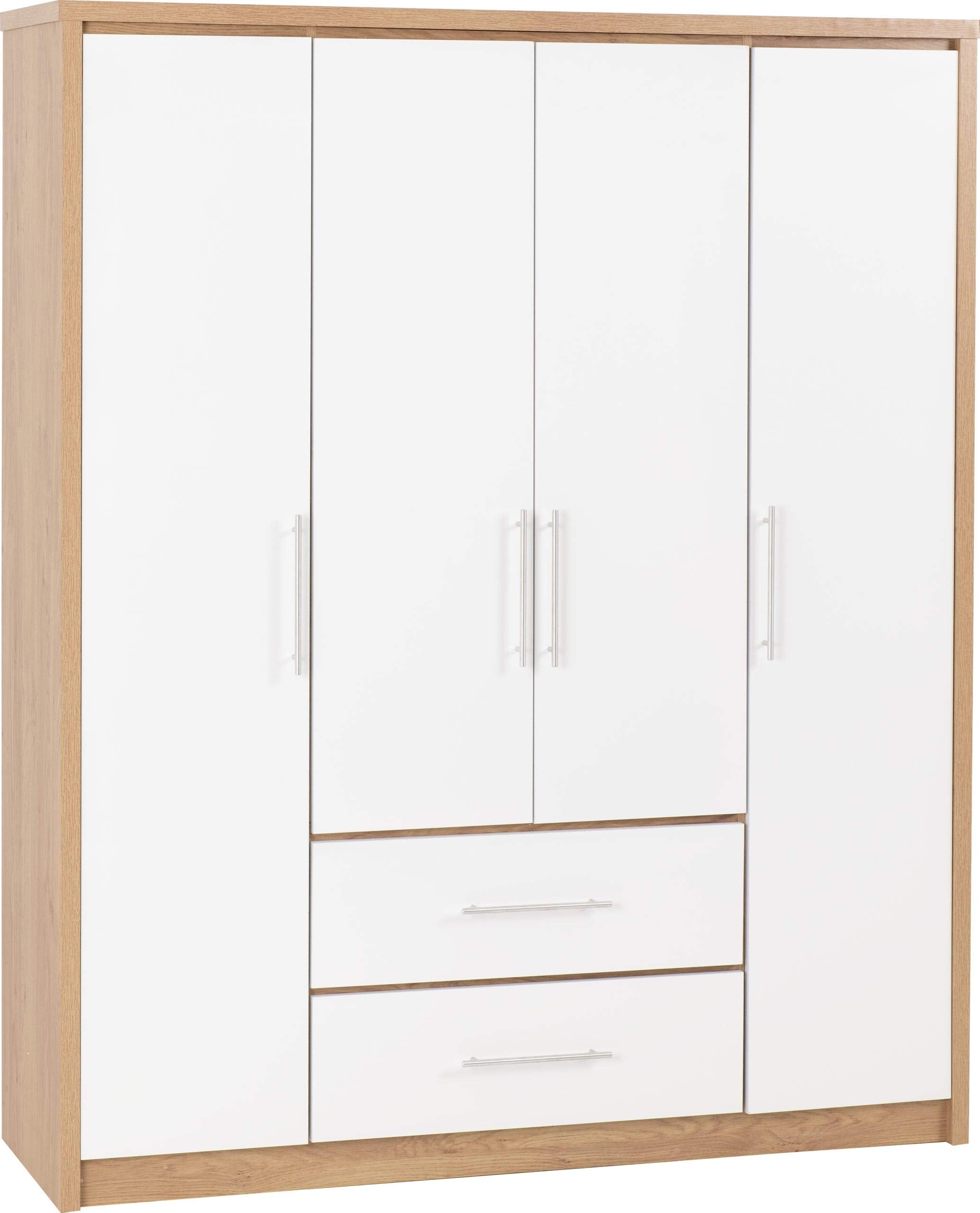 Furniture 321 Seville 4 Door 2 Drawer Wardrobe White High Gloss, Light Oak Effect Veneer (No Delivery To Flats)