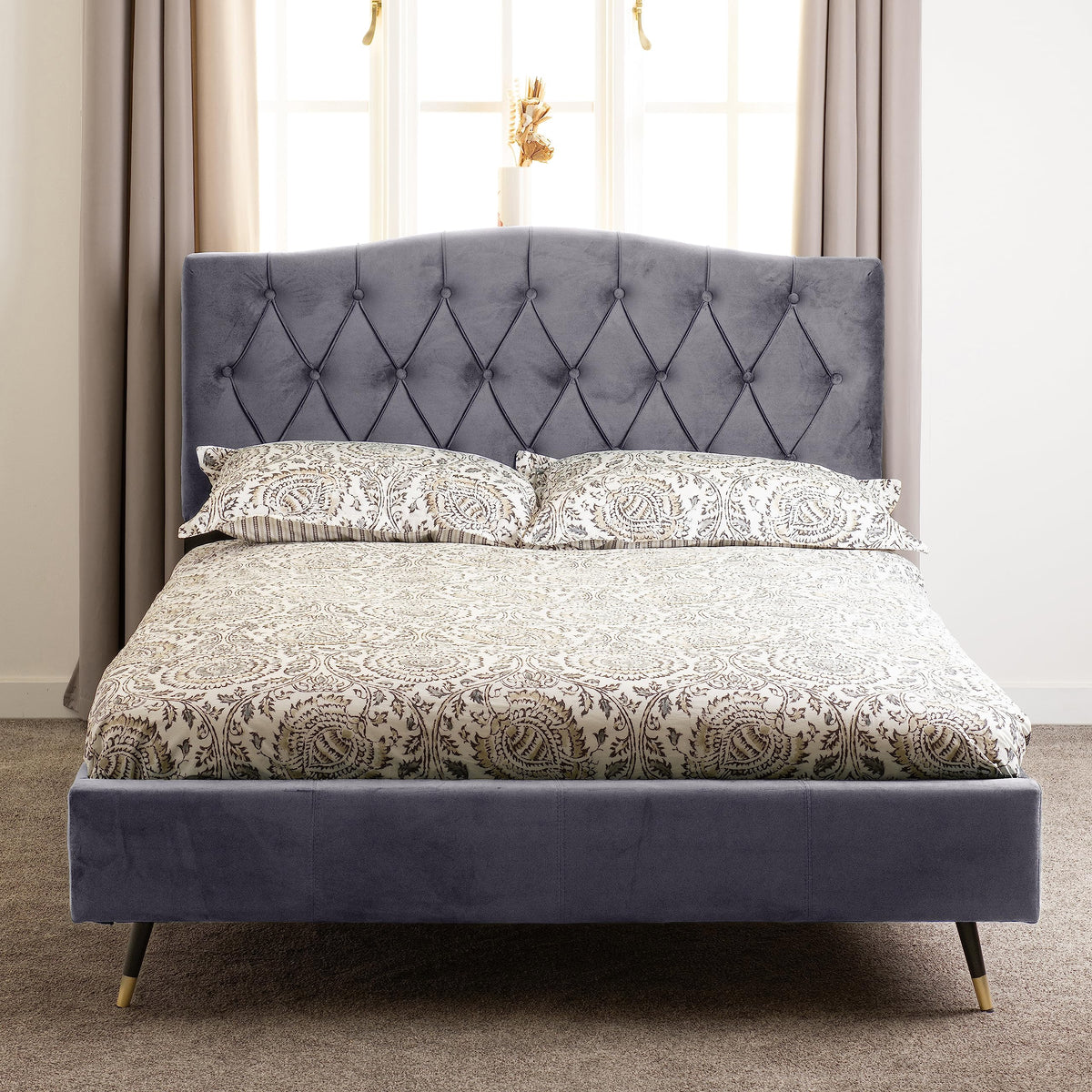 Seconique Freya 4'6" Double Bed in Grey Velvet Fabric