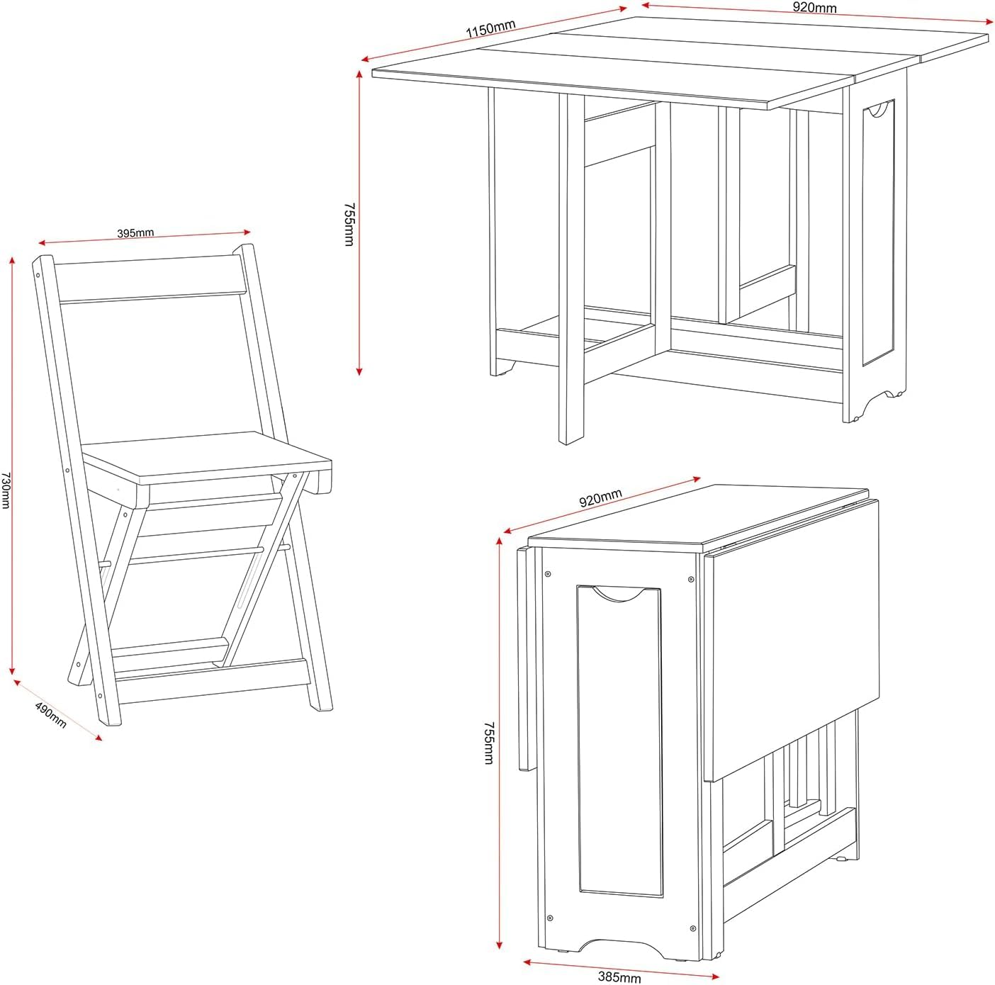 Furniture 321 Space-Saving Santos Folding Drop-Leaf Butterfly Dining Set with 4 Foldaway Chairs