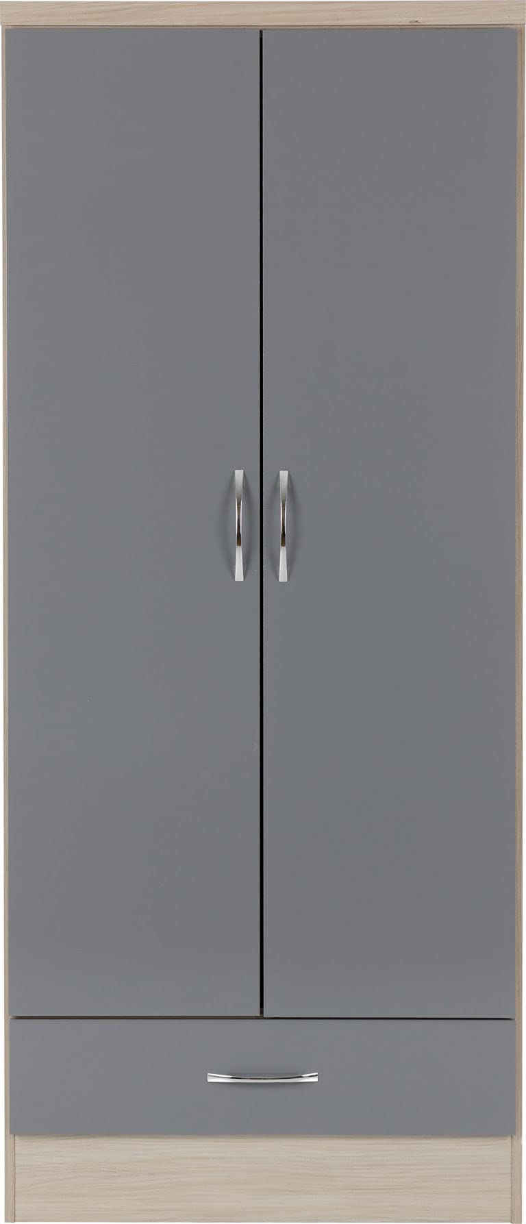 A T Seconique Bedroom Wardrobes - Nevada 2 Door 1 Drawer Double Wardrobe with hanging rail in Grey Gloss/Light Oak Effect Veneer