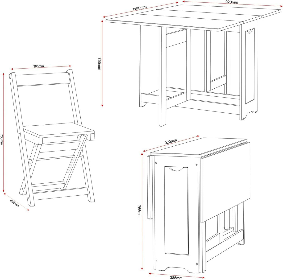 Furniture 321 Space-Saving Santos Folding Drop-Leaf Butterfly Dining Set with 4 Foldaway Chairs