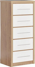 Xpress Delivery Seville 5 Drawer Narrow Chest in Light Oak Effect Veneer and White High Gloss