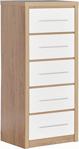 Xpress Delivery Seville 5 Drawer Narrow Chest in Light Oak Effect Veneer and White High Gloss