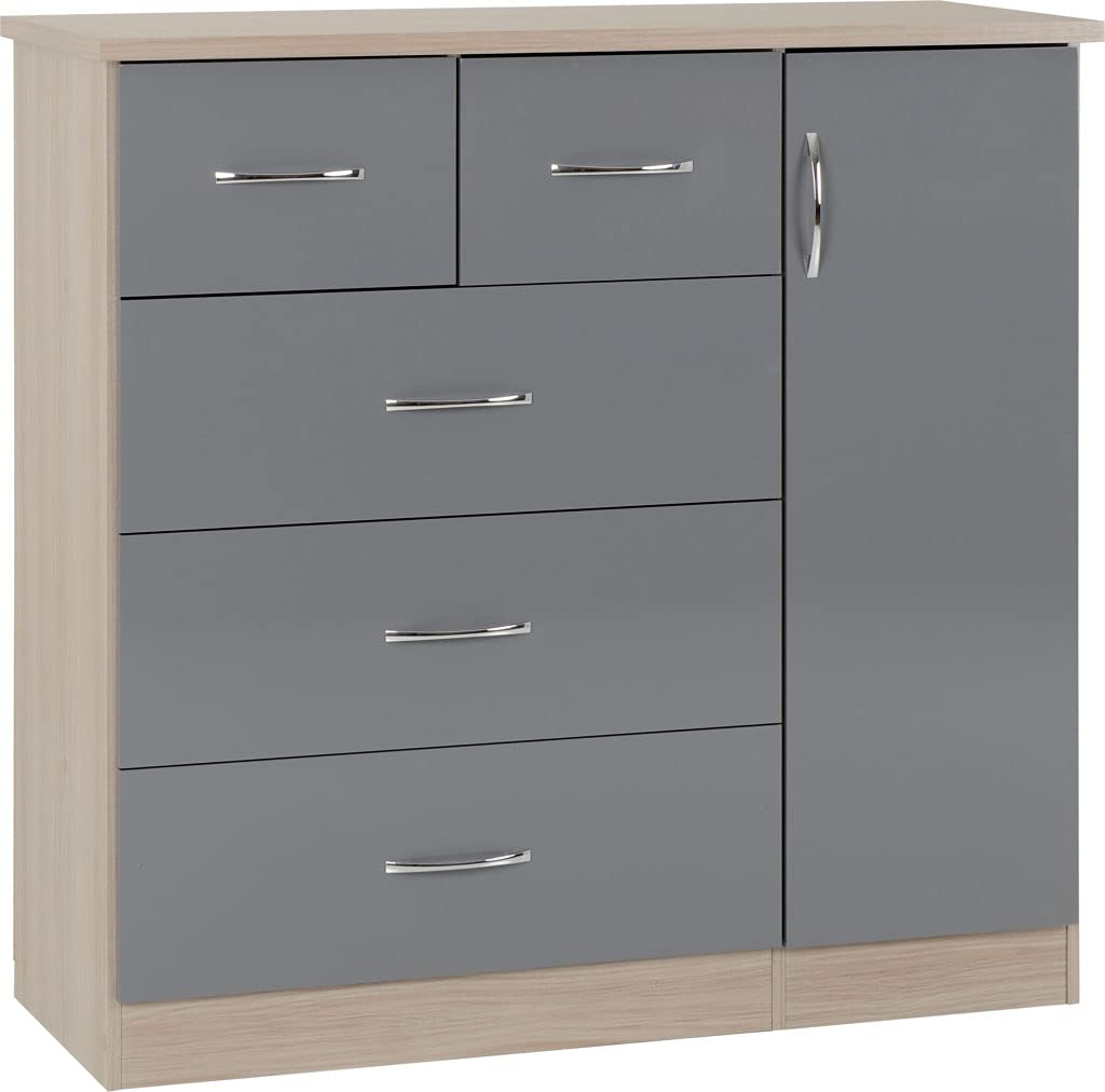 A T Seconique Nevada 5 Drawer Hanging Rail Low Wardrobe in Grey Gloss/Light Oak Effect Veneer
