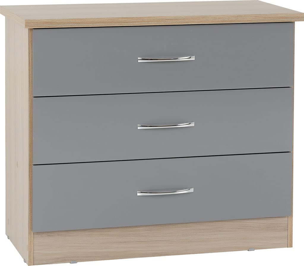 A T Seconique Nevada Metal Handle 3 Drawer Chest in Grey Gloss/Light Oak Effect Veneer