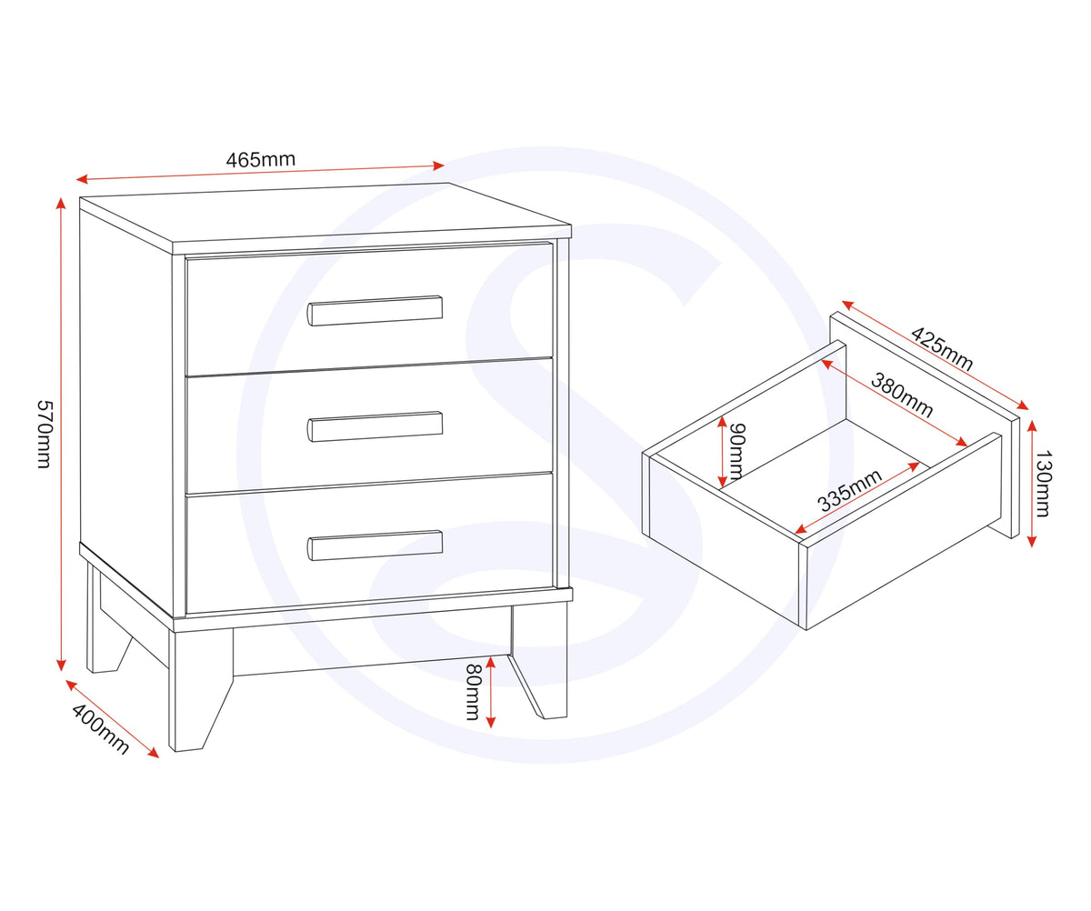 Seconique Cleveland 3 Drawer Bedside in White/Grey Metal Effect