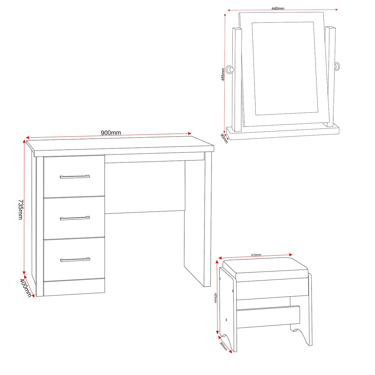 Seconique Lisbon 3Pc Dressing Table Set (With Mirror) in Black Wood Grain/Black Pu