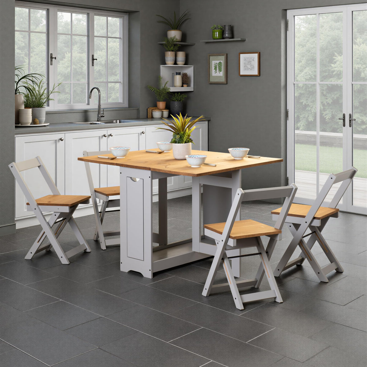 Furniture 321 Santos Folding Drop Leaf Butterfly Dining Set 4 Chairs In Grey and Pine