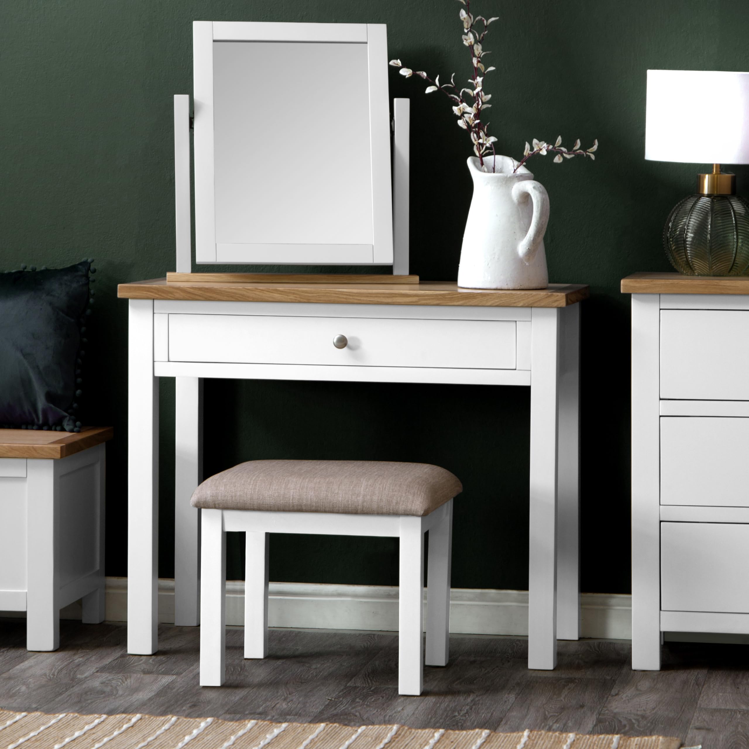 The Furniture Outlet Salisbury White Painted Oak Dressing Table, Stool & Dressing Mirror