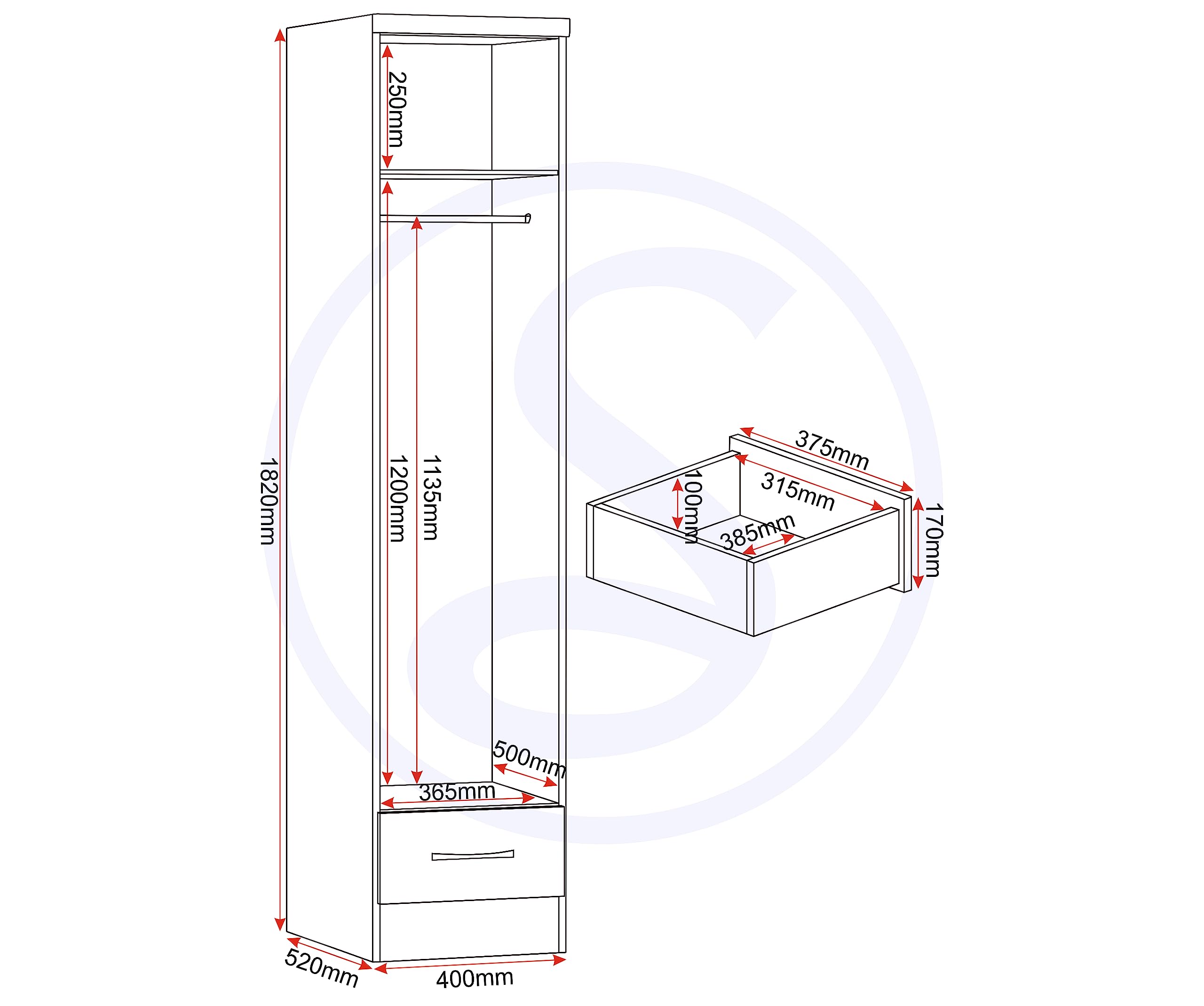Seconique Nevada Mirrored 1/2 Door 1 Drawer Wardrobe
