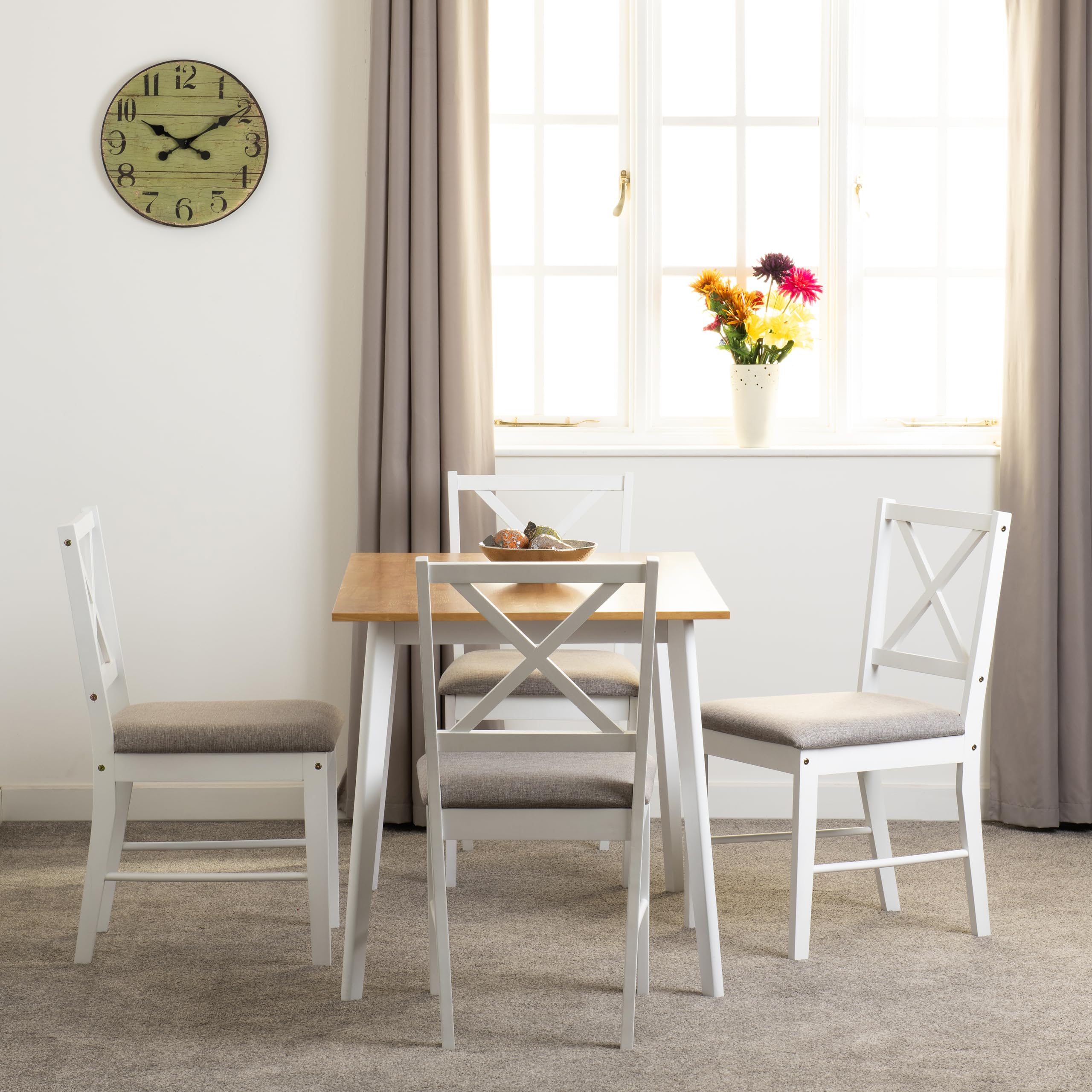 Seconique Balfour 1+4 Dining Set in White/Oak Effect/Grey Fabric