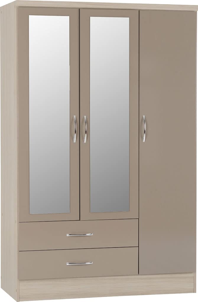 A T Seconique Nevada 3 Door 2 Drawer Mirrored Hanging Rail Wardrobe in Oyster Gloss/Light Oak Effect Veneer