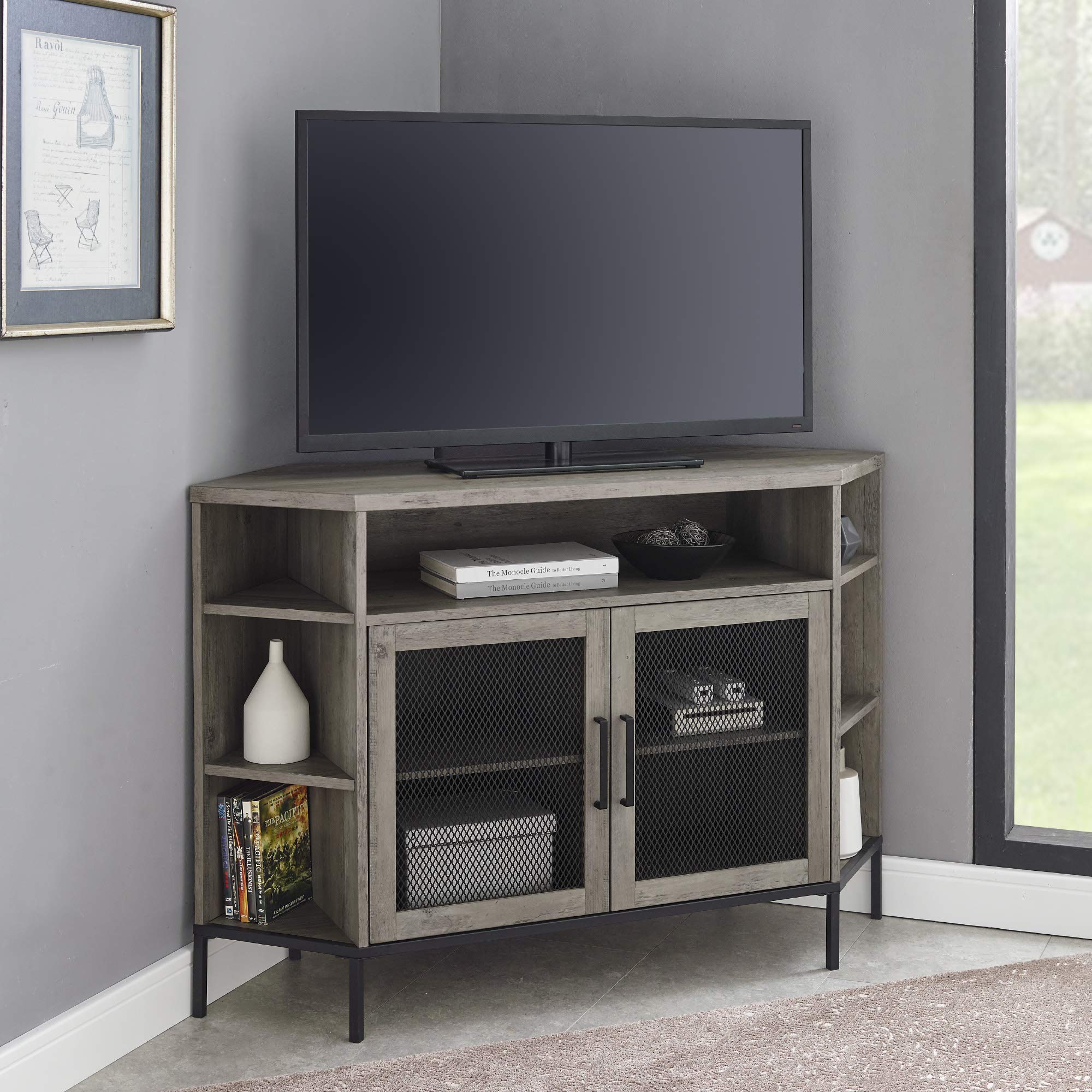 WE Furniture 48" Industrial Mesh Door Corner TV Console