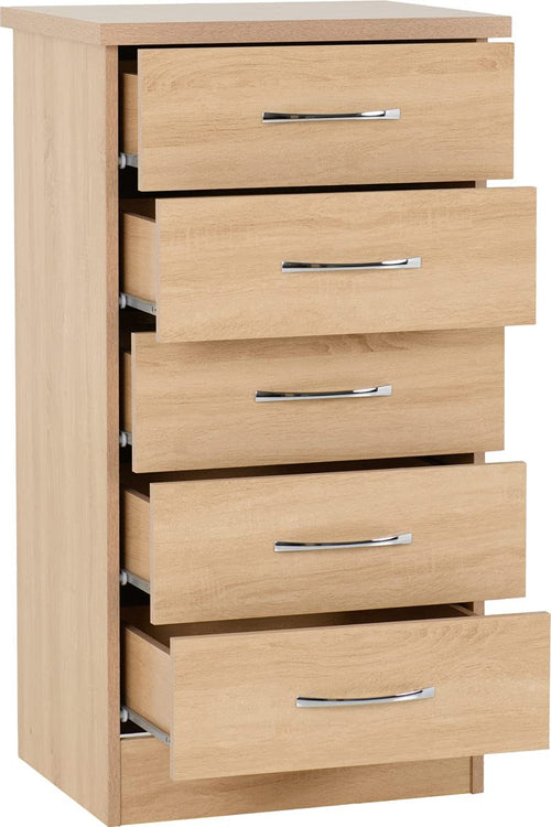 A T Seconique Nevada 5 Drawer Narrow Chest in Sonoma Oak Effect