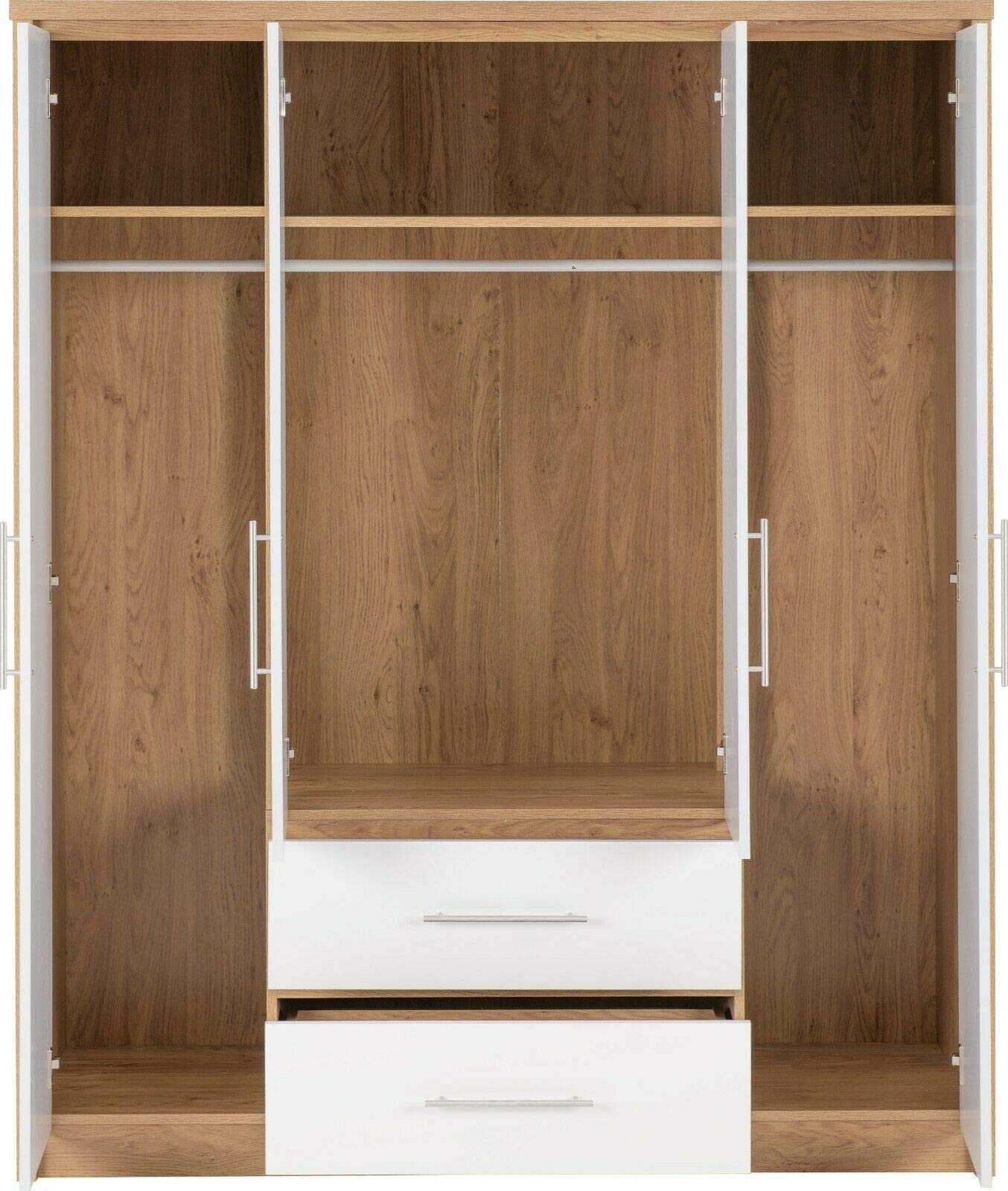 Furniture 321 Seville 4 Door 2 Drawer Wardrobe White High Gloss, Light Oak Effect Veneer (No Delivery To Flats)