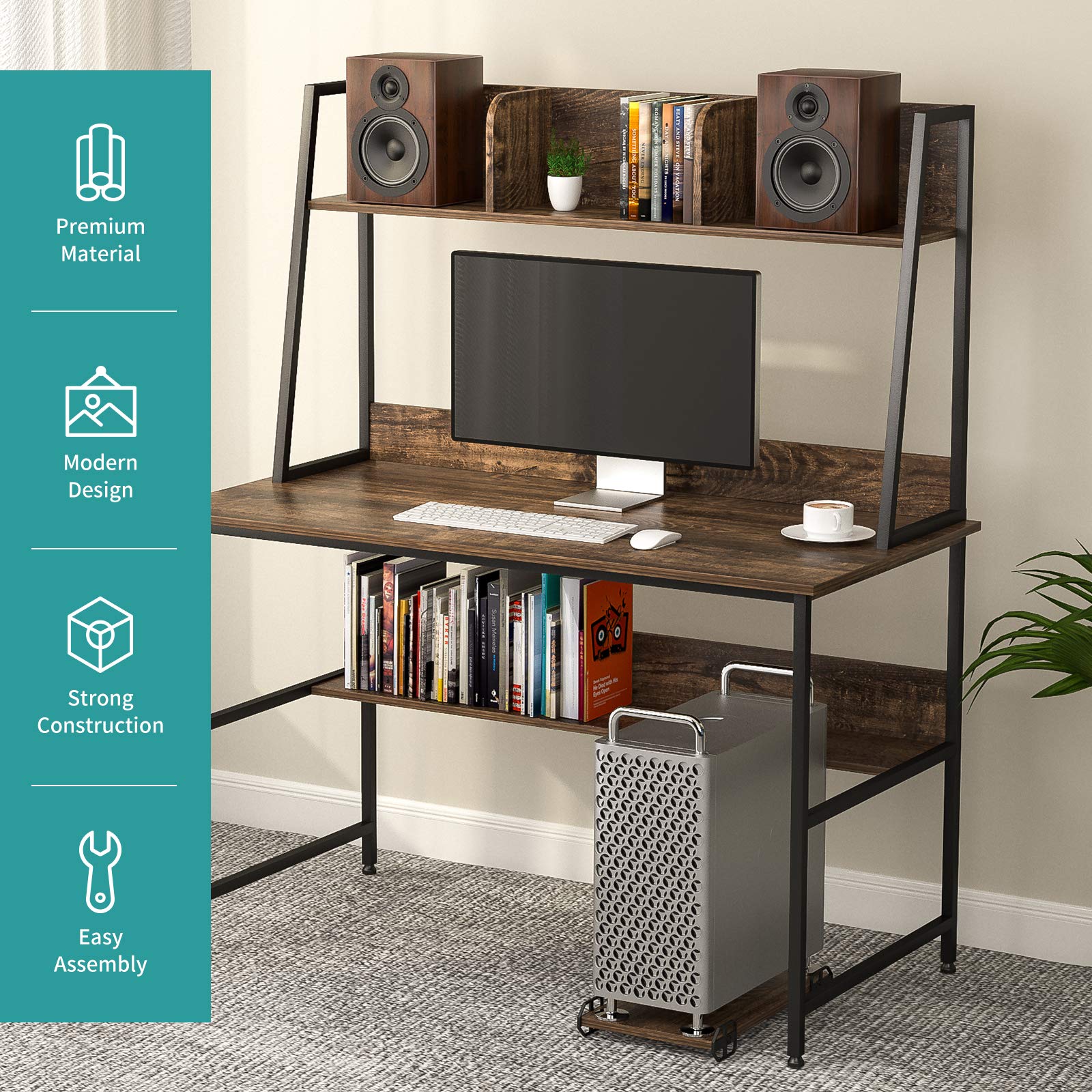 Mecor Computer Desk Study Writing Table for Home Office ，Modern Writing Study Desk with Storage Bookshelf and CPU Stand for Small Spaces, PC Laptop Table Workstation for Home Office