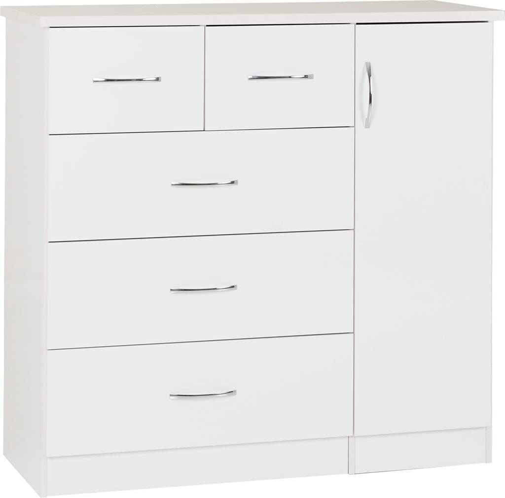 A T Seconique Nevada 5 Drawer 1 Door Low Wardrobe with Hanging Rail and Metal Handles in White Gloss
