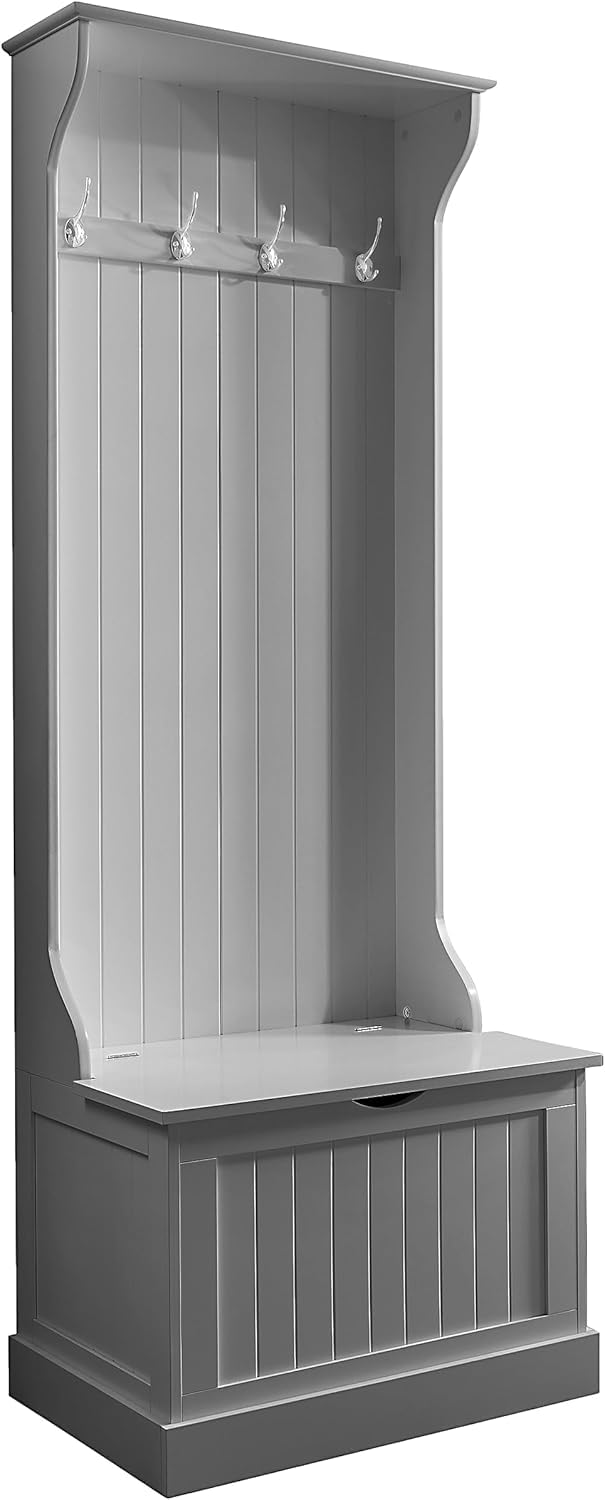Furniture 321 Coat Stand with Shoe Storage - Grey Hallway Unit with 4 Double Hooks & Storage Bench - Hall Tree Organiser for Entryway with Seat - Freestanding Coat Rack