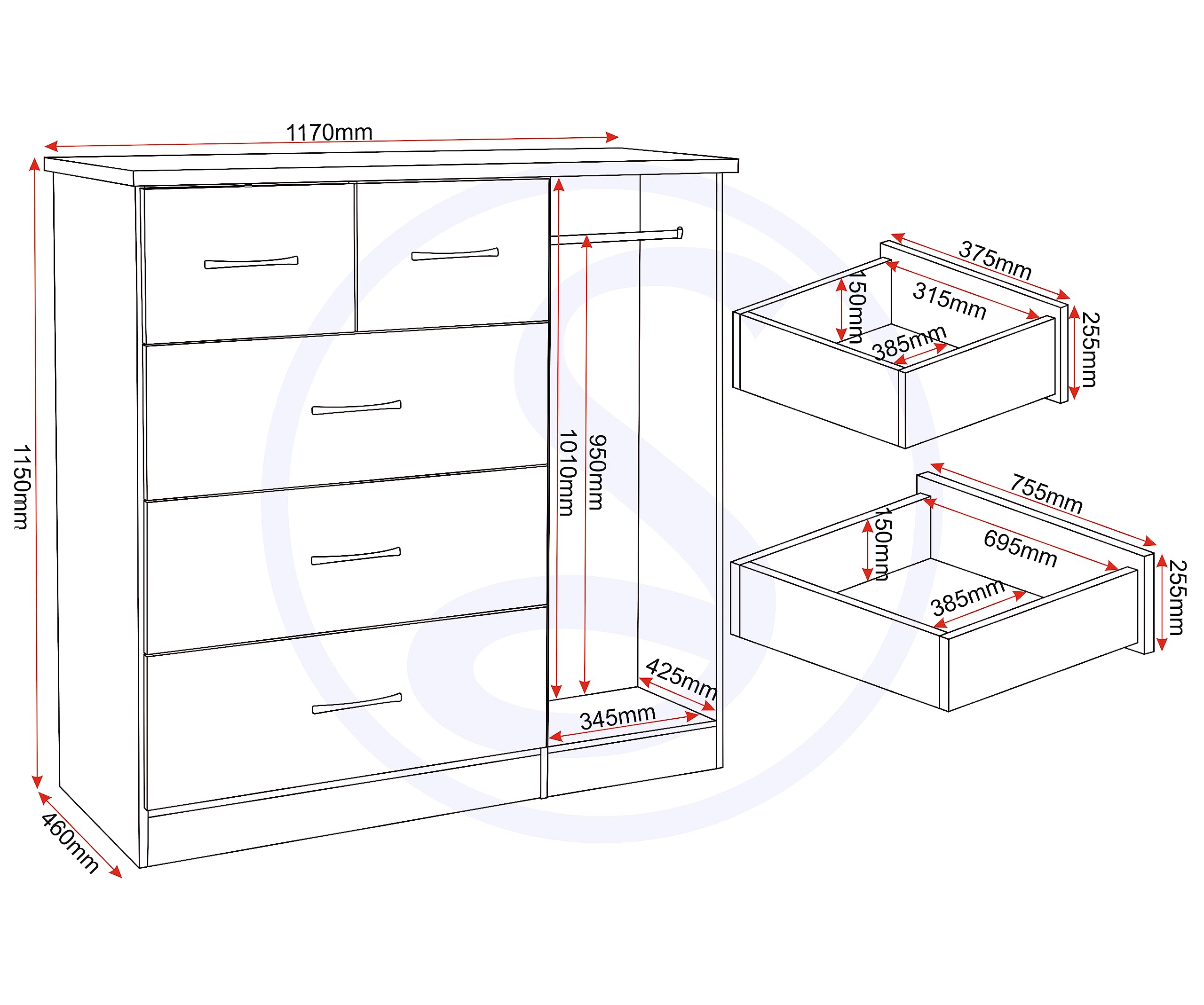 Seconique Nevada 5 Drawer Low Wardrobe, Engineered Wood