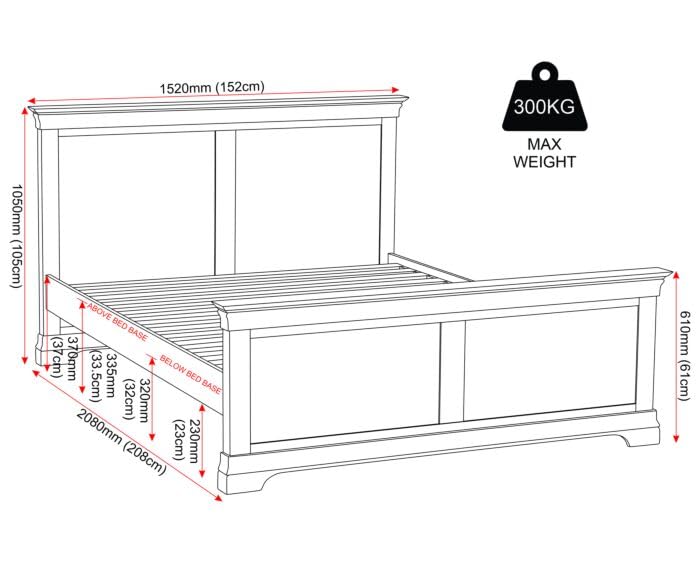 Furniture 321 Bordeaux Double Bed Frame with High Foot End, Pebble Grey Matt Painted Hardwood, 4ft 6in, W152 x D208 x H105cm, 13 Pine Slats Included, 300kg Weight Capacity